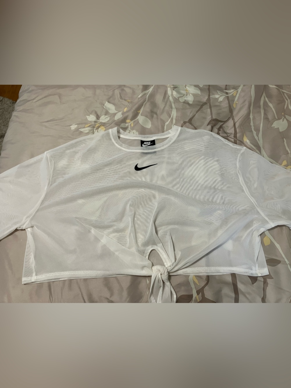Nike White Sheer Tie-Front Crop Top with Black Swoosh